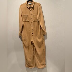 Bucketlist, Tan Button-Up Jumpsuit. PTP 17”, Length 55”